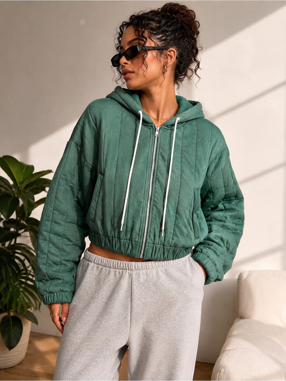 Urban Outfitters Khloe Quilted Zip Hoodie Sage Green Size S